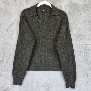 Uniqlo C Sweater Womens Small Green Wool Blend Knit Collared V Neck Pullover